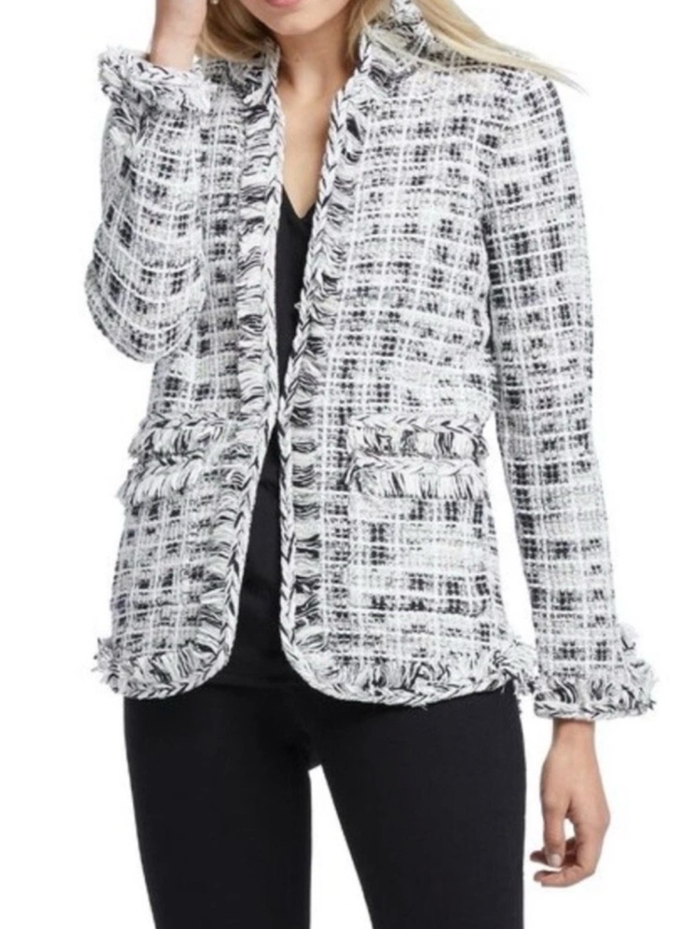NIC+ZOE Black and White Tweed Fringe-Trim Blazer